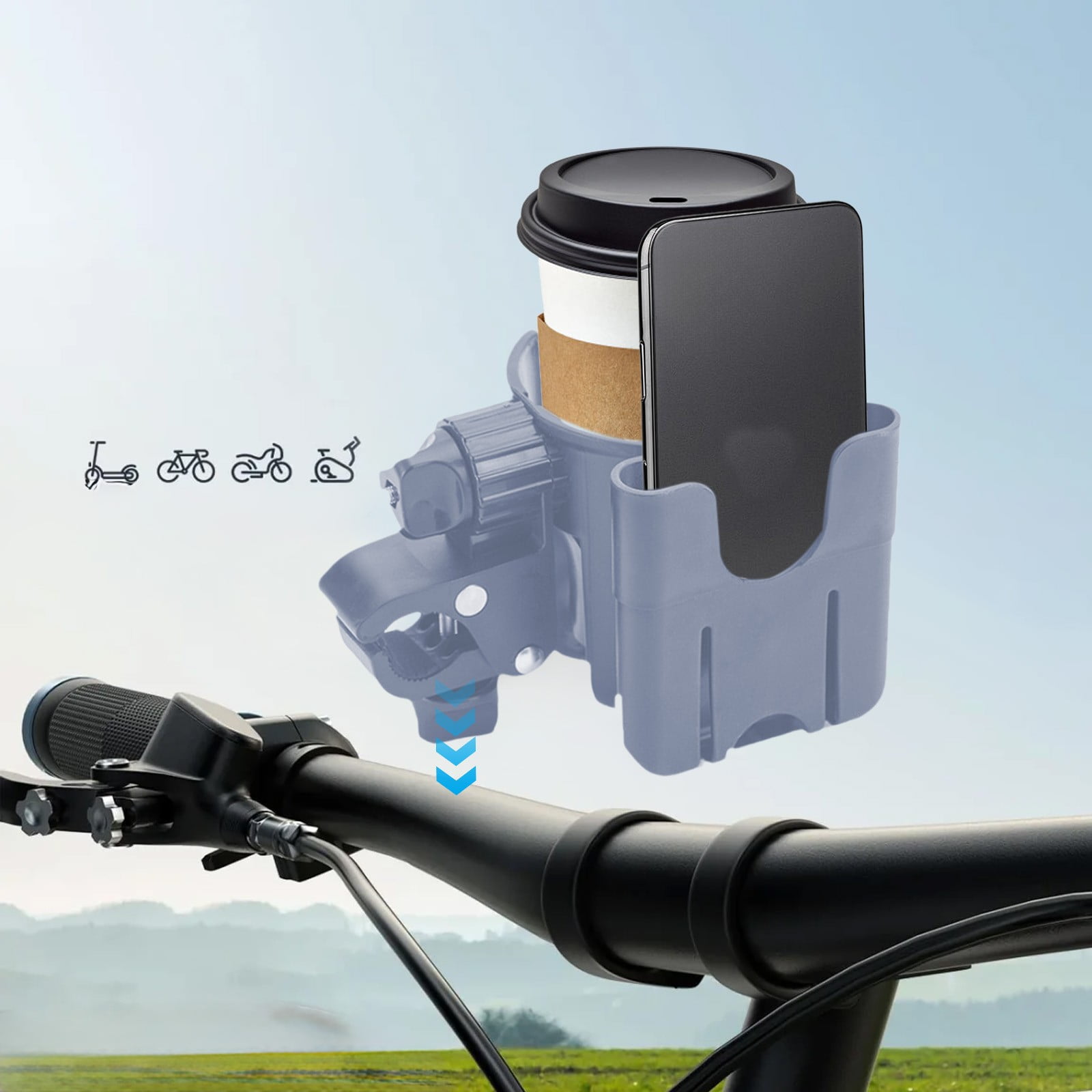 WIZUTIZ Bike Cup Holder with Phone Mount Gray Handlebar Holder Universal Organizer for Drinks Keys Phone Bike Scooter Stroller Outdoor Accessories