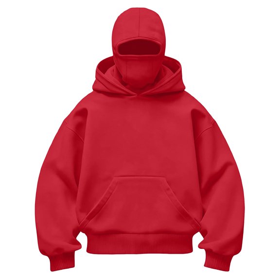 Boys Pullover Hoodie with Built‑in Face Cover, Kids Oversized Hooded Sweatshirt with Kangaroo Pocket, Soft Casual Long Sleeve Tops Red 7T
