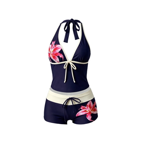 longantii 2 Pieces Bikini Set Y2k Vintage Coquette Halter Tankini Top with Shorts Whimsy Polka Dot Vacation Beach Swimsuit 2026 Summer Blue M