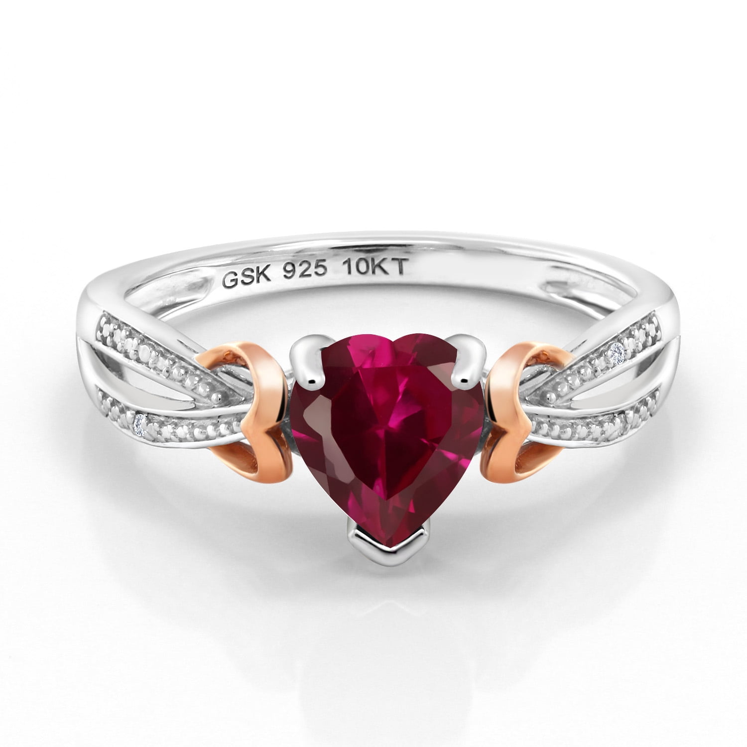 Gem Stone King 925 Silver and 10K Rose Gold Red Created Ruby and Diamond Ring (0.98 Cttw, Heart Shape 6MM, Available in Size 5, 6, 7, 8, 9)