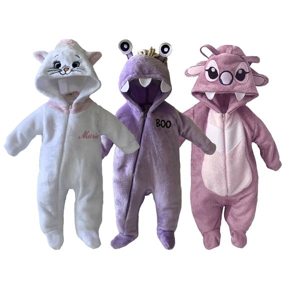 Pack 3 Mamelucos Con Gorro Bordado Disney Marie, Boo, Angel (Novia Stitch) Talla 12 meses Disney Pijamas