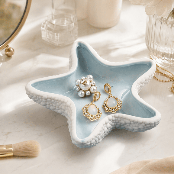 Starfish Ceramic Jewelry Dish, Trinket Tray & Decorative Trinket Dish, Ring Dish, Starfish Jewelry Holder, Coastal Ocean Beach Decor for Women, 1 Pack
