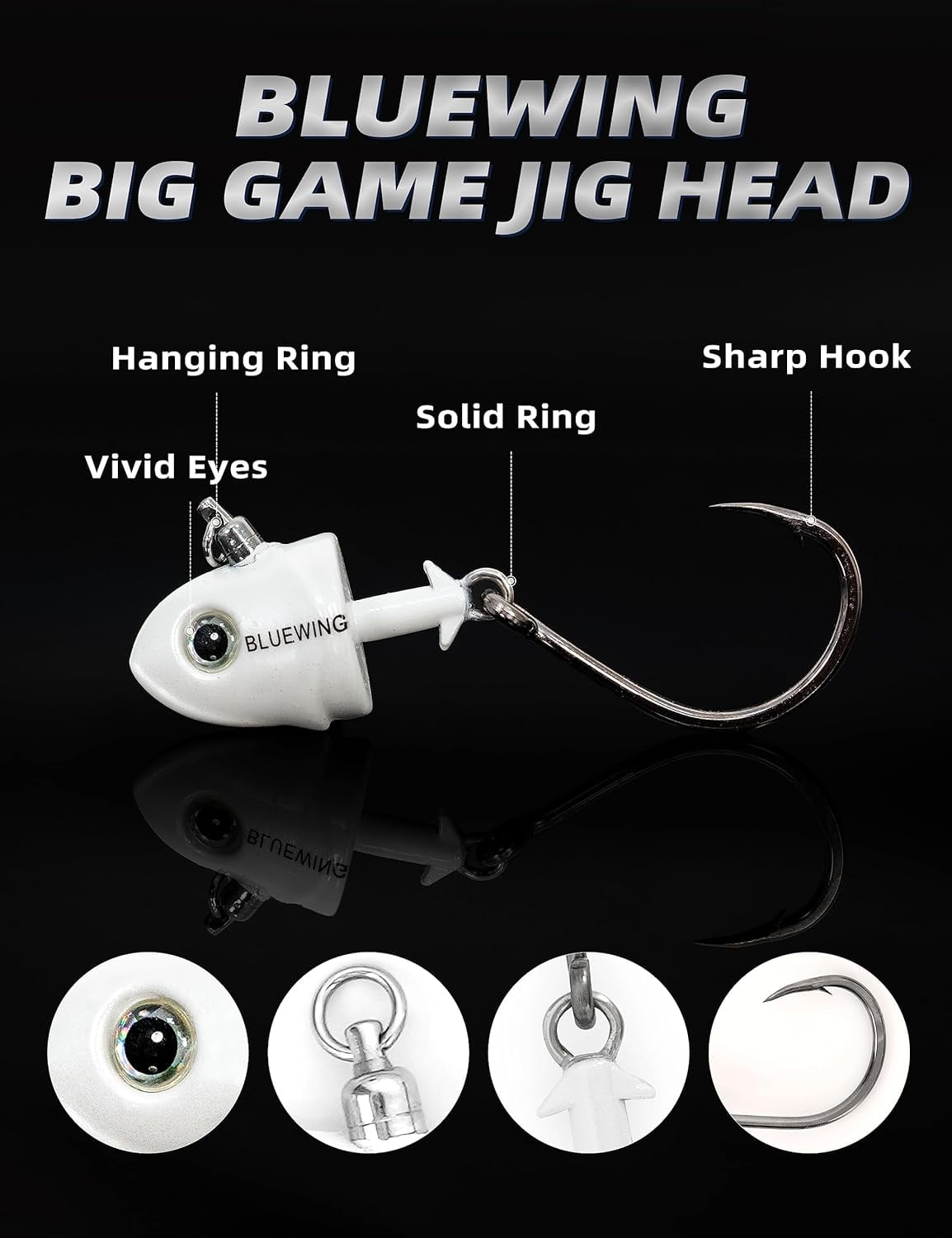 BLUEWING Big Game Jig Head with High Strength Stainless Steel Ball Bearing Swivel and High Carbon Steel Hook 1pc Saltwater Fishing Lures Lead Head Fishing Jig, White 7oz