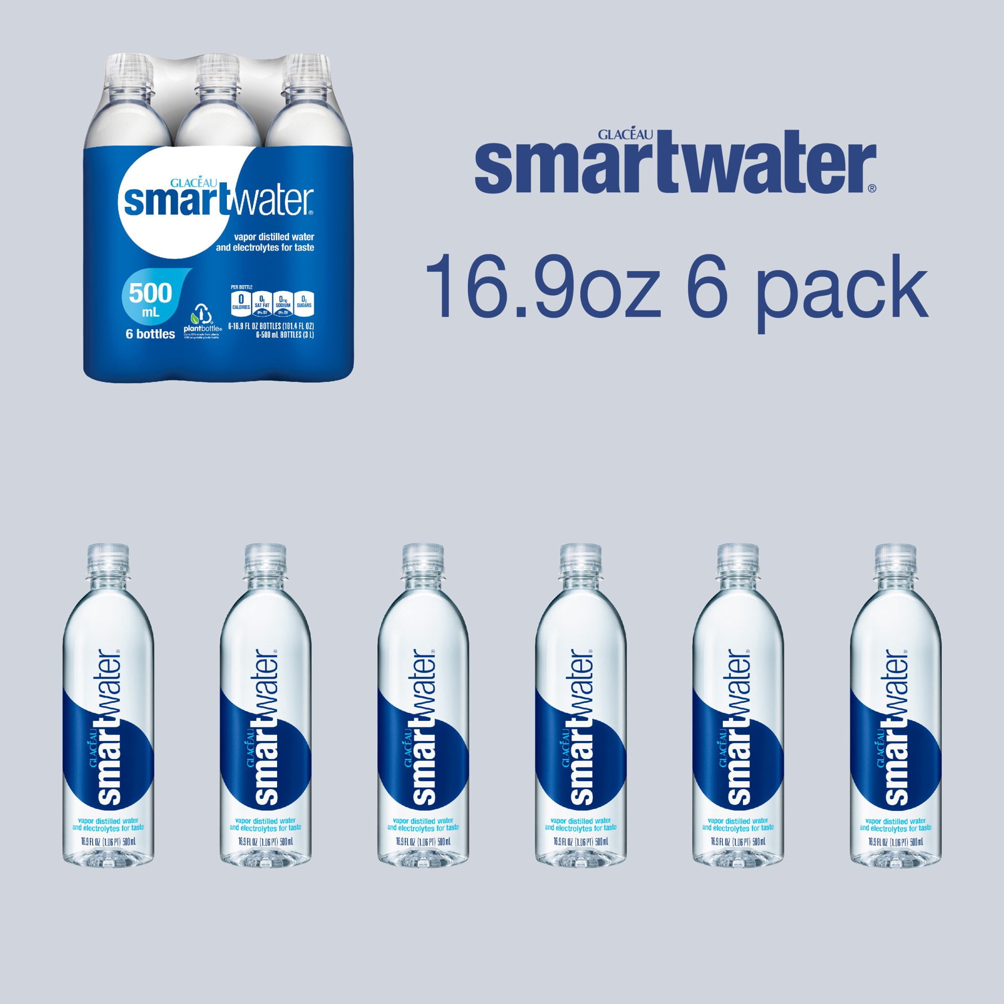 (2 pack) smartwater vapor distilled premium water, 16.9 fl oz, 6 count bottles
