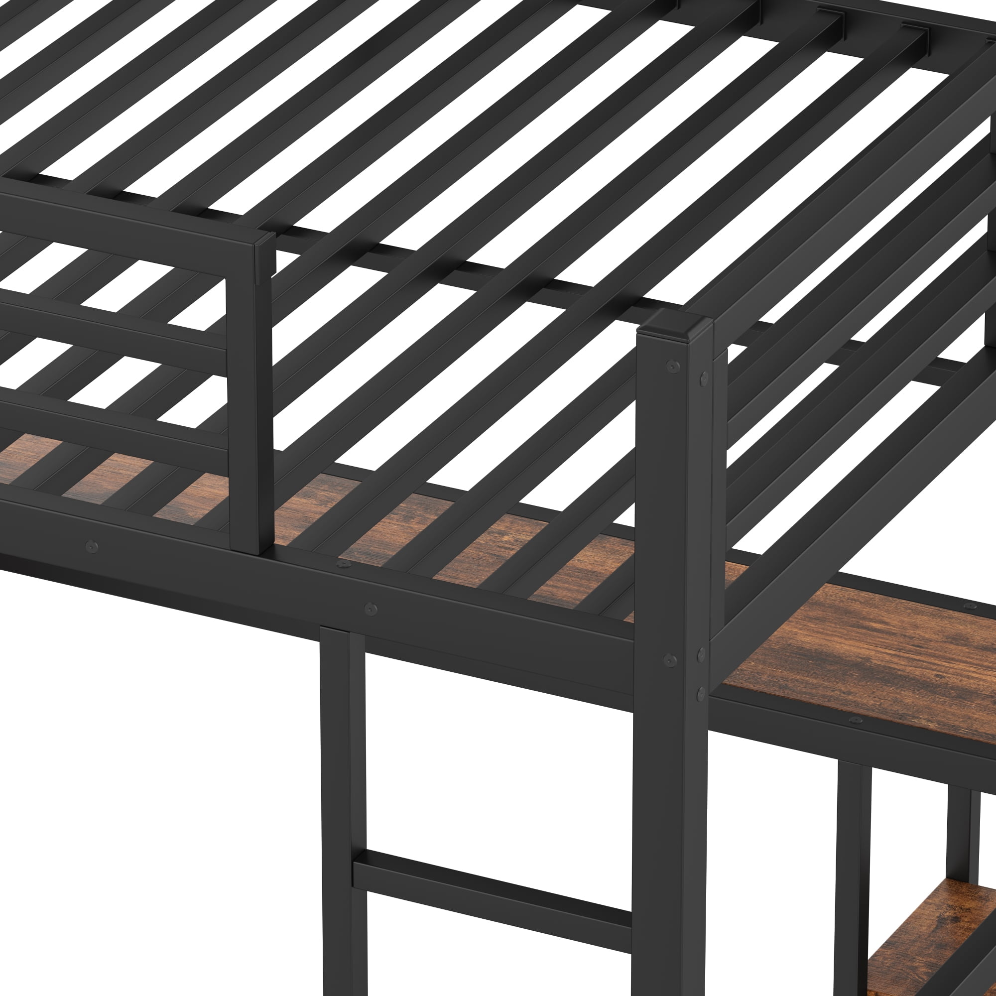 Leumius Queen Size Loft Bed with Built-in Wardrobe,Metal Loft Bed Frame with Woodgrain Desk and Storage Shelves,Space-Saving,Black