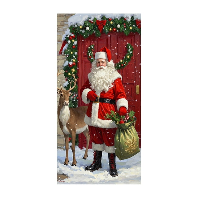 Décorations de Noël Extérieures Rideau de Porte de Noël Drapeau Extérieur Photo Père Noël et Chiot Décoration de Fond Tissu Suspendu Décorations de Noël Extérieures