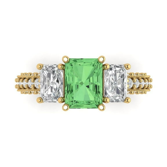 3.61 ct Emerald Cut Simulated Green Diamond 3 Stone 14K Yellow Gold Womens Engagement Ring