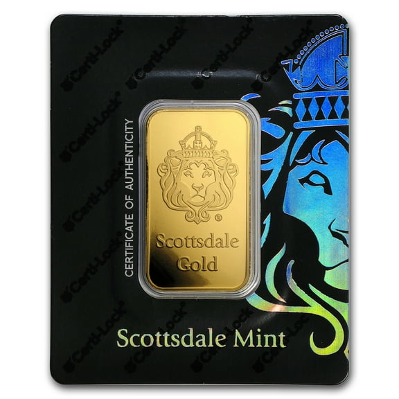 Scottsdale Mint 1 oz Gold Bar, .9999 Fine Gold, Presented in Black Certi-Lock® Assay, Lion Design