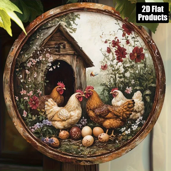 HELLOYOUNG Vintage Chicken & Egg Metal Sign - Round Wall Art for Home/Office Party Decor & Unique Friend Gift