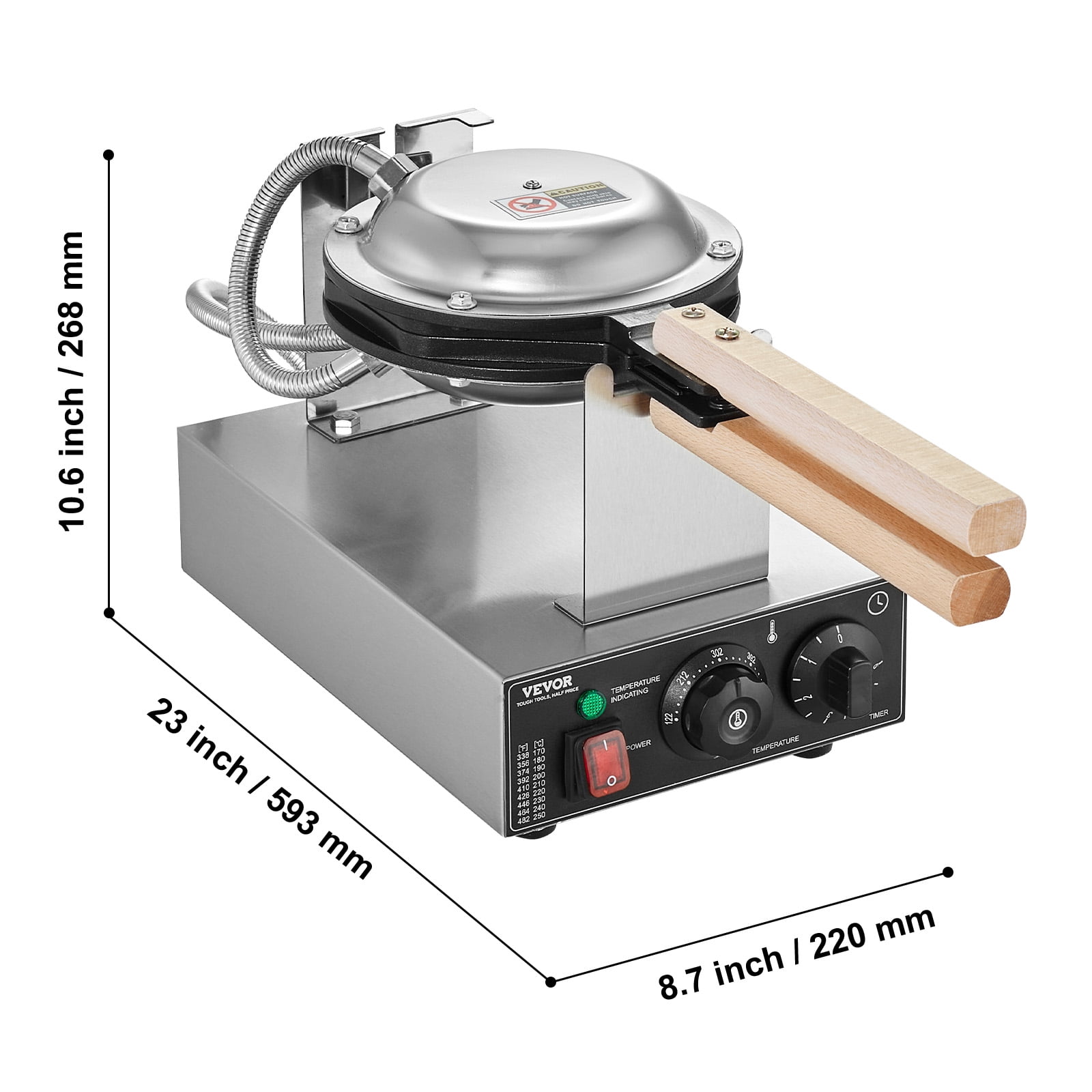 VEVOR Commercial Bubble Waffle Maker, 1400W Egg Pancake Baker Machine, Non-Stick Stainless Steel Egg Bubble Puff, 180° Rotatable, Temp and Time Control, Wooden Handle, for Restaurant Bakery Snack Bar