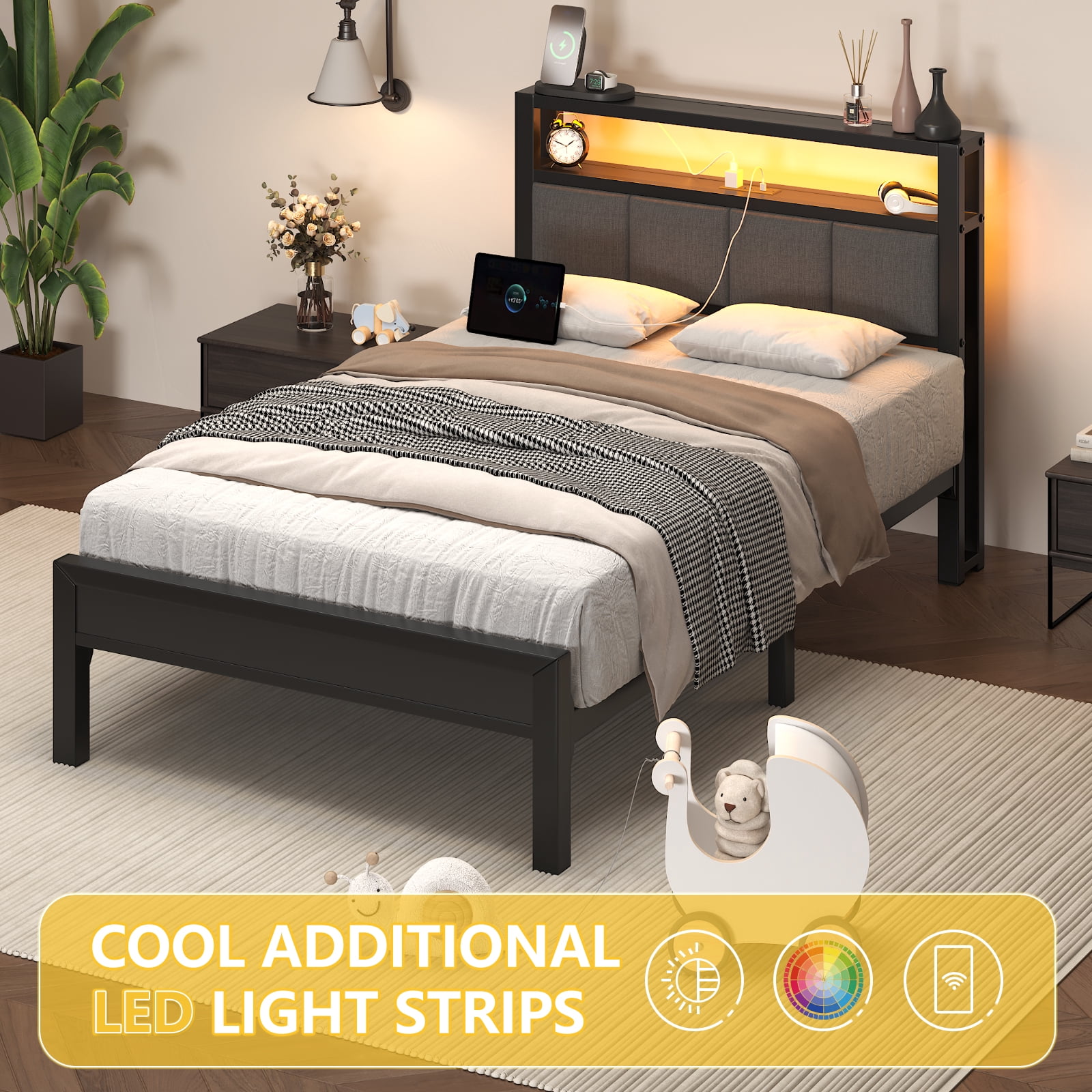 Twin Size Bed Frame with Storage Headboard, Metal Platform Bed with LED Lights & Charging Station, Heavy Duty Metal Slats, Gray
