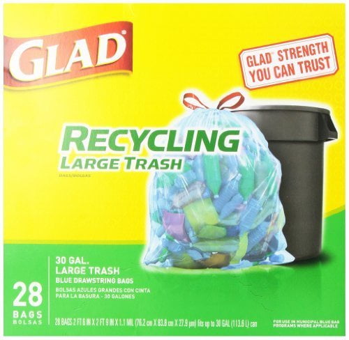 30 Gallon Glad Recycling Large Drawstring Blue Trash Bags 28 Count