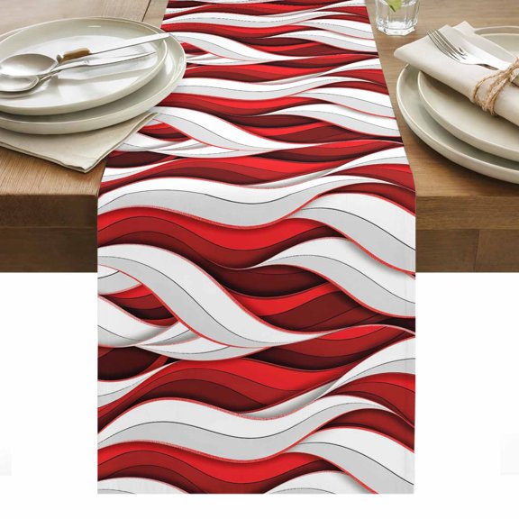 Red White Moire Table Runner - 70 Inch Long, Kitchen Dining Table Runner Dresser Scarves, Modern Abstract Art Farmhouse Decor for Coffee Tables Wedding Party Banquet