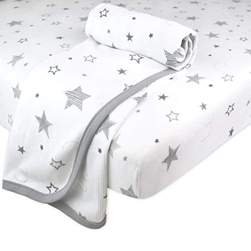 Fitted Sheet for Boys and Girls Muslin Swaddle Blanket Grey Stars and Moon American Baby Company Playard Bundle Mattress Pad Cover