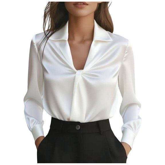 cocolona Womens Fall Tops Long Sleeve Lapel Pleated Business Shirts Dressy Casual Outfits Solid Color Blouses