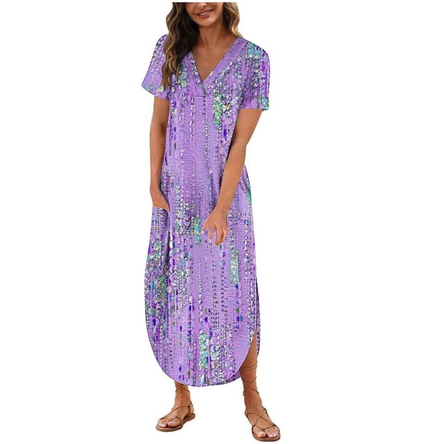 Vestido de Manga Corta para las Mujeres, Vestido Casual de Cuello en V de Bolsillo de Impresión de Moda Sexy Hecho de Poliéster Ligero para el Verano, Vestido de Verano para las Mujeres