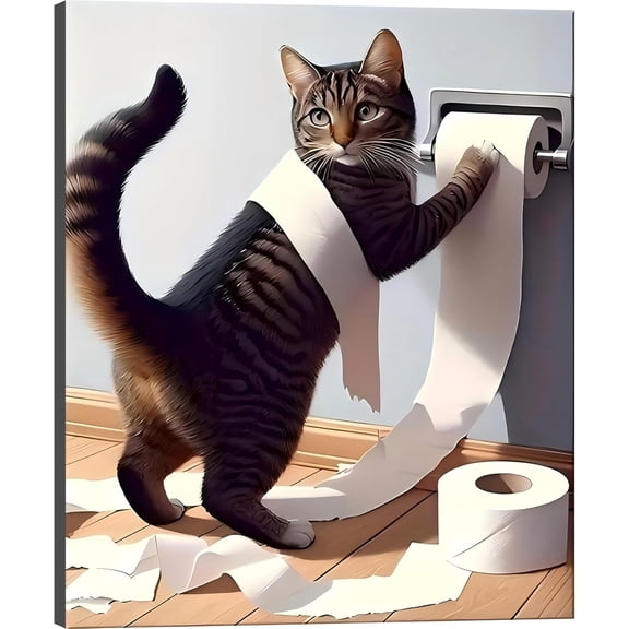 Aaheei Cat and Toilet Paper Roll Canvas Wall Art for Bathroom Decoration Funny Animal Poster Picture Painting Print for Office, Home Wall Artwork for Wall Decor 8 x 10 in