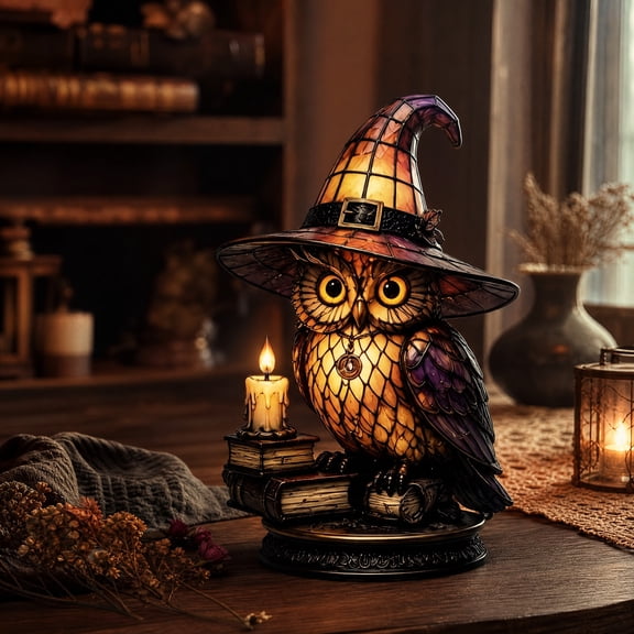 Orangide Halloween USB Night Light Witch Hat Candle Owl Lamp, Spooky Exquisite Tabletop Ornament for Home Desktop Holiday Decor