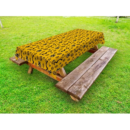 

Primitive Outdoor Tablecloth Silhouette of An African Women Playing Musical Instrument and Snakes Figures Decorative Washable Fabric Picnic Table Cloth 58 X 84 Inches Yellow Black by Ambesonne