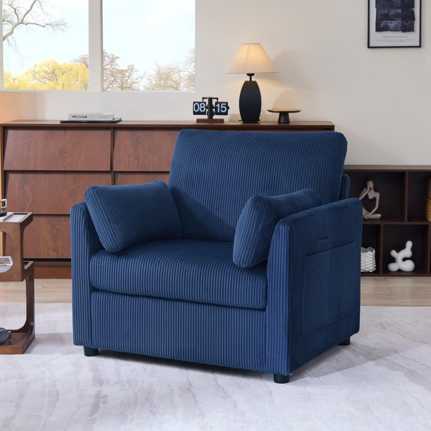 37.75" Corduroy Accent Chair, Modern Upholstered Armchair with Side Storage Pockets & 2 Pillows, Comfy Oversized Single Sofa for Living Room, Blue