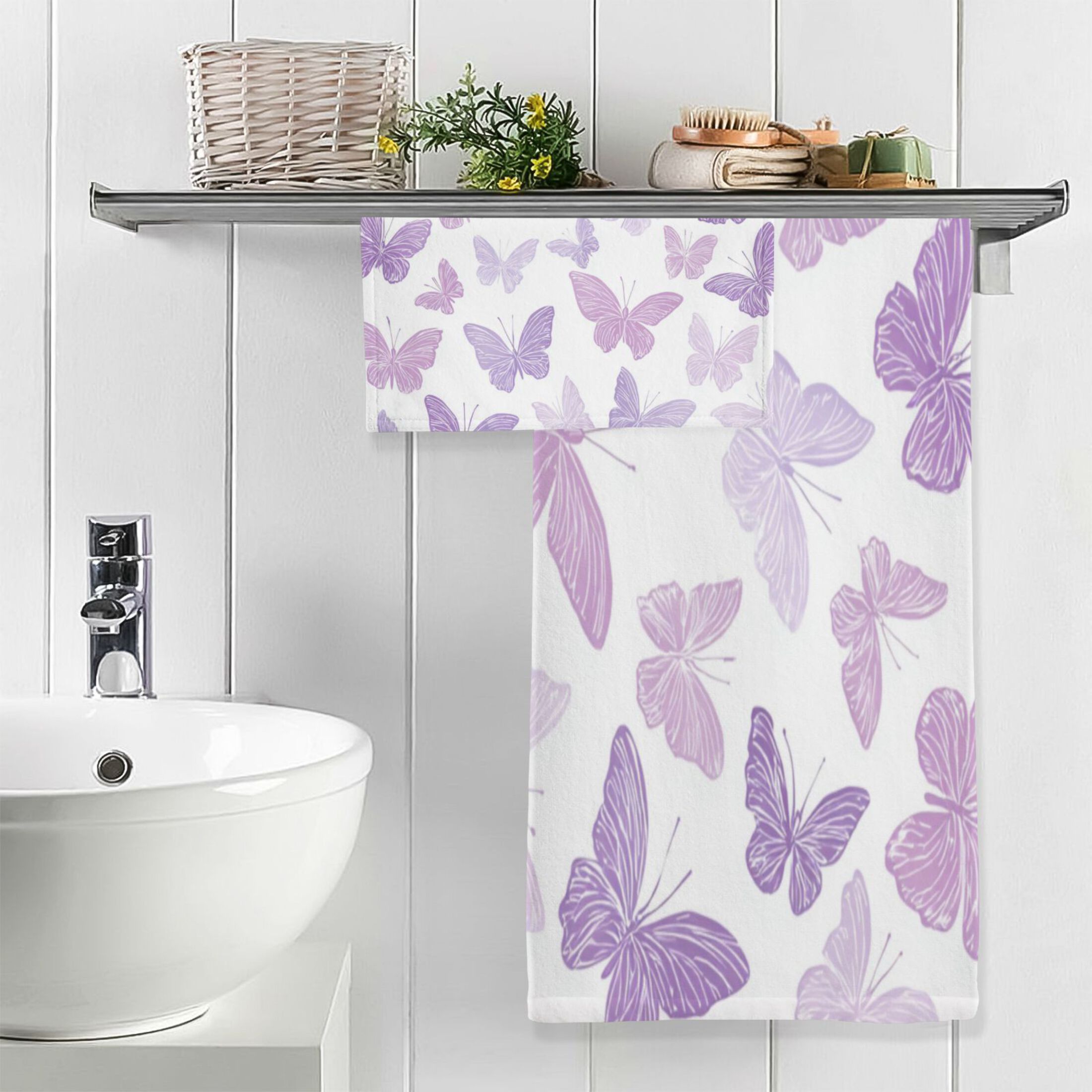 Qxltty Purple Butterfly Bath and Hand Towel Set 100% Cotton Towels for Bathroom Soft Durable and Absorbent