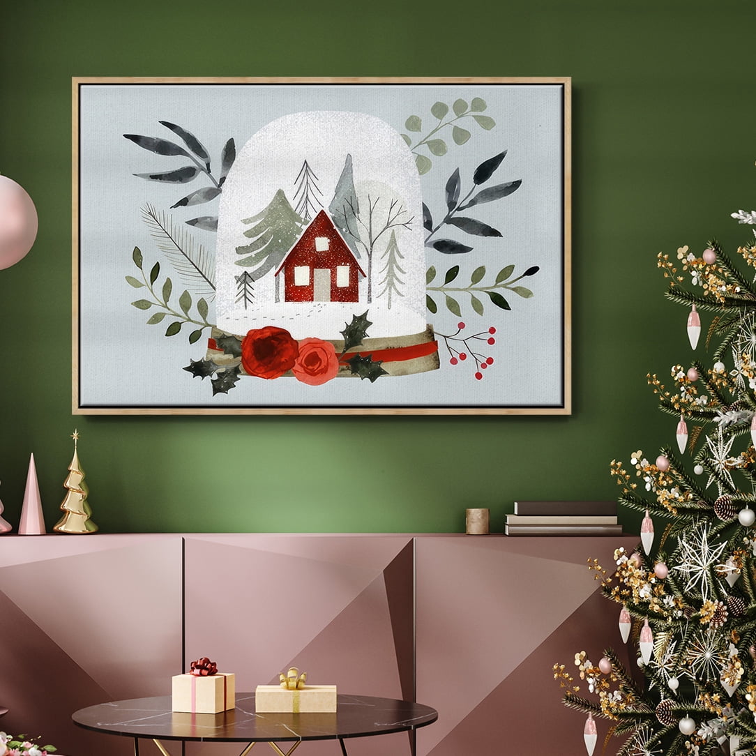 Snow Globe Village Collection A - Framed Gallery Wrapped Holiday Canvas - 25 x 37 - Natural Wood Frame