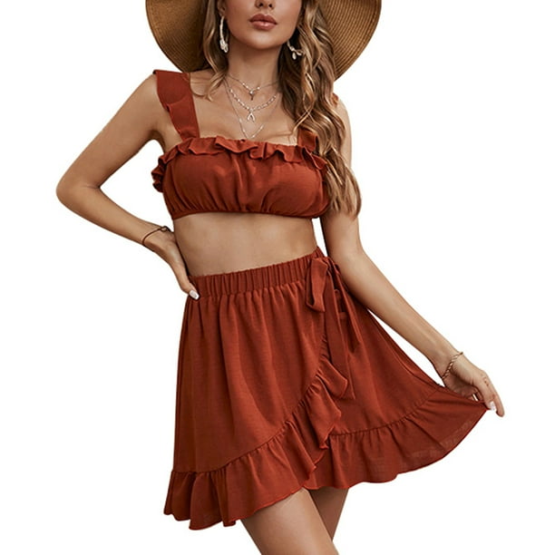 Women Sleeveless Top Skirt Set Ruffle Hem Side Bow Tie High Waist Summer 2 Piece Outfits Orange L