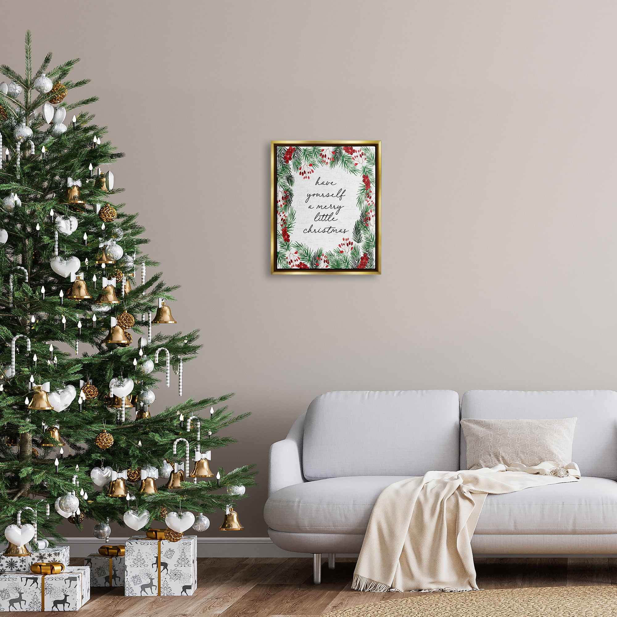 Stupell Industries Merry Little Christmas Script Holiday Painting Gold Floater Framed Canvas Art Print Wall Art, 17 x 21