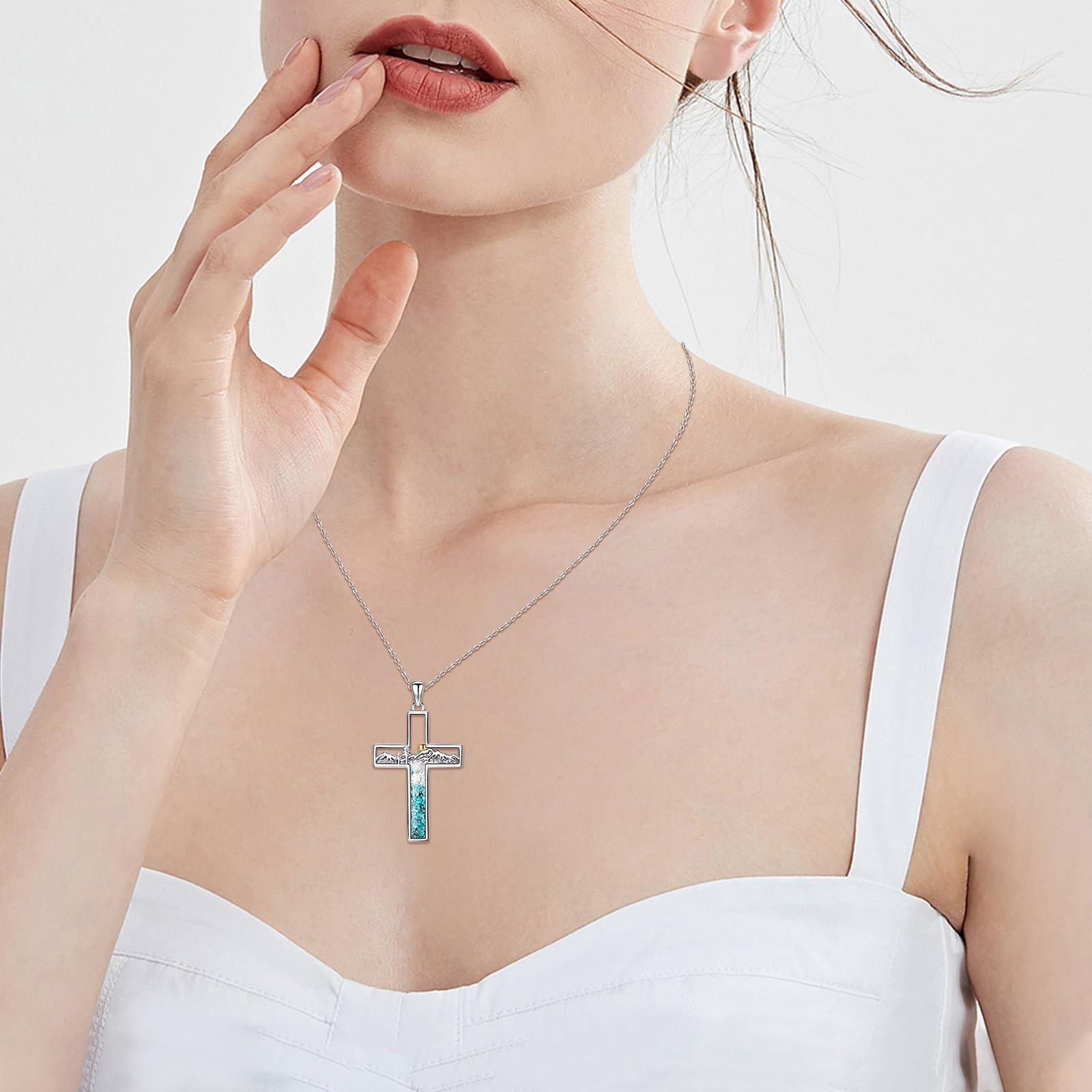 Coachuhhar Corss Necklace for Women 925 Sterling Silver Crushed Turquoise Mountain Sunset Pendant Nature Jewelry Faith Gifts for Christian Hikers Lovers