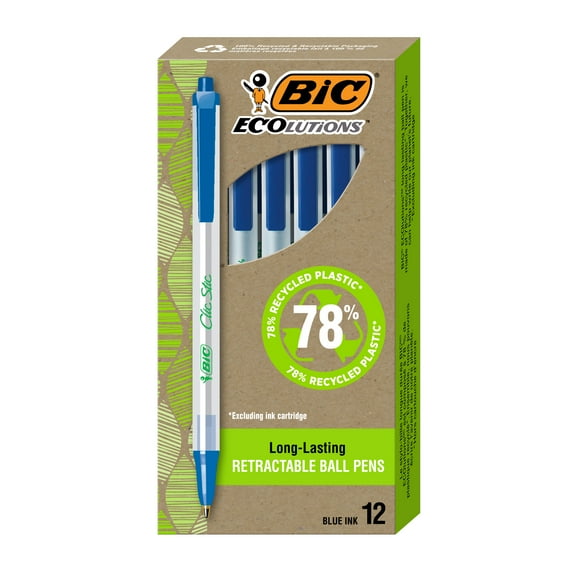 BIC Ecolutions Clic Stic Ballpoint Pens, 78% Recycled, Blue Ink, 1.0mm, 12-Count