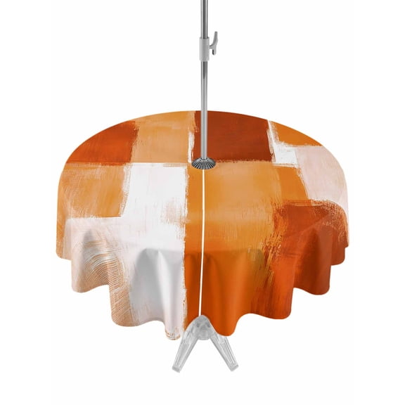Outdoor Tablecloth with Umbrella Hole and Zipper, Burnt Orange Geometric Round Table Cloth 60 Inch Waterproof Tablecloth, Watercolor Ombre Modern Abstract Art Picnic Table Cover for Patio Camping