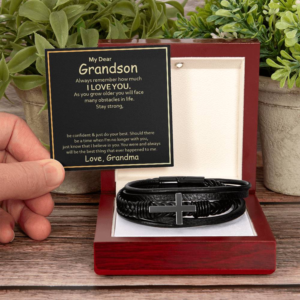 To My Grandson Always Remember How Much I Love You Men's Cross Bracelet - Vegan Leather with Stainless Steel
