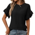 thumbnail image 1 of JAKANYQ T-Shirts pour Femmes Couleur Unie Col Rond à Volants Manches Courtes T-shirt pour l'Été Tee Classique, 1 of 8