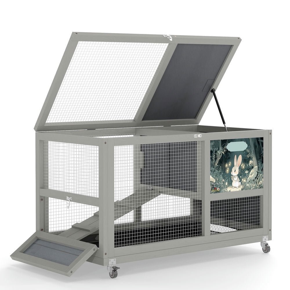 Resenkos 2-Tier Rabbit Hutch, Wooden Cage with Rollers, Removable Roof, Stairs, Easy-Clean Tray, Guinea Pig Home, Gray With Colorful Patterns