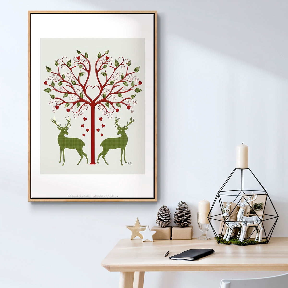 Christmas Des - Deer and Heart Tree, On Cream - Framed Gallery Wrapped Holiday Canvas - 27 x 41 - Natural Wood Frame