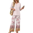 thumbnail image 2 of 2 Piece Lounge Set Women Vacation Dressy Outfits 3/4 Sleeve V Neck T Shirt & Wide Leg Pants Sets Cozy Cruise Clothes, 2 of 6