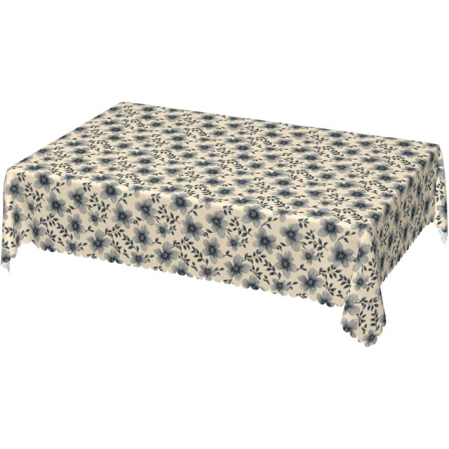 Rectangle Tablecloth with Wave Lace 52 x 70 Inch, Beige Blue Flowers Rectangle Table Cloth Comfortable Tabletop Covers Wipe Clean Table Cover for Restaurant, Picnic, Indoor and Outdoor Dining