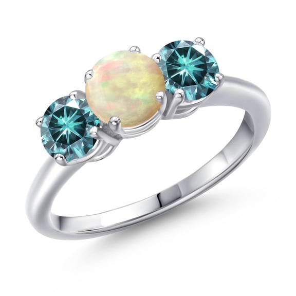 Gem Stone King 925 Sterling Silver White Ethiopian Opal and Blue Moissanite Engagement Ring for Women | 1.56 Cttw | Round Cabochon 6MM | Gemstone October Birthstone | Size 5