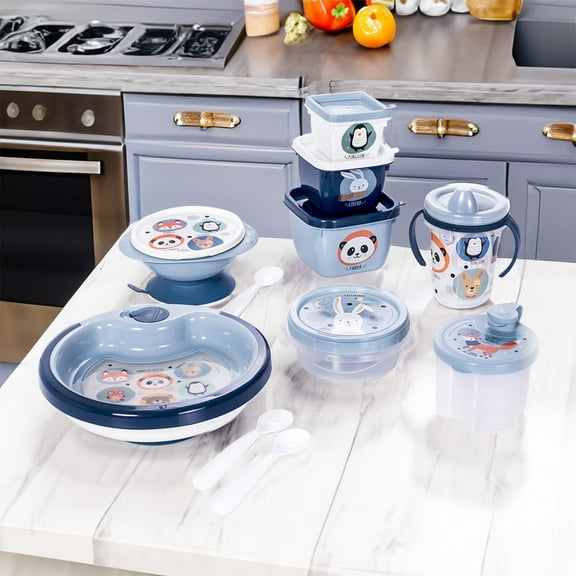 11-piece BPA-Free Baby Feeding Set | Includes Training Cup, Warm Plate with Suction, Bowl & Lid, Dispenser, Baby Snack Containers, Spoons and more (Animals- Blue)