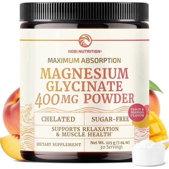 Magnesium Glycinate Powder 400MG | Sleep & Relaxation Support | Peach Mango Flavor Drink | High Absorption Chelated Magnesium Powder | Vegan, Gluten-Free, Non-GMO | 30 Servings | 225g (7.94oz)