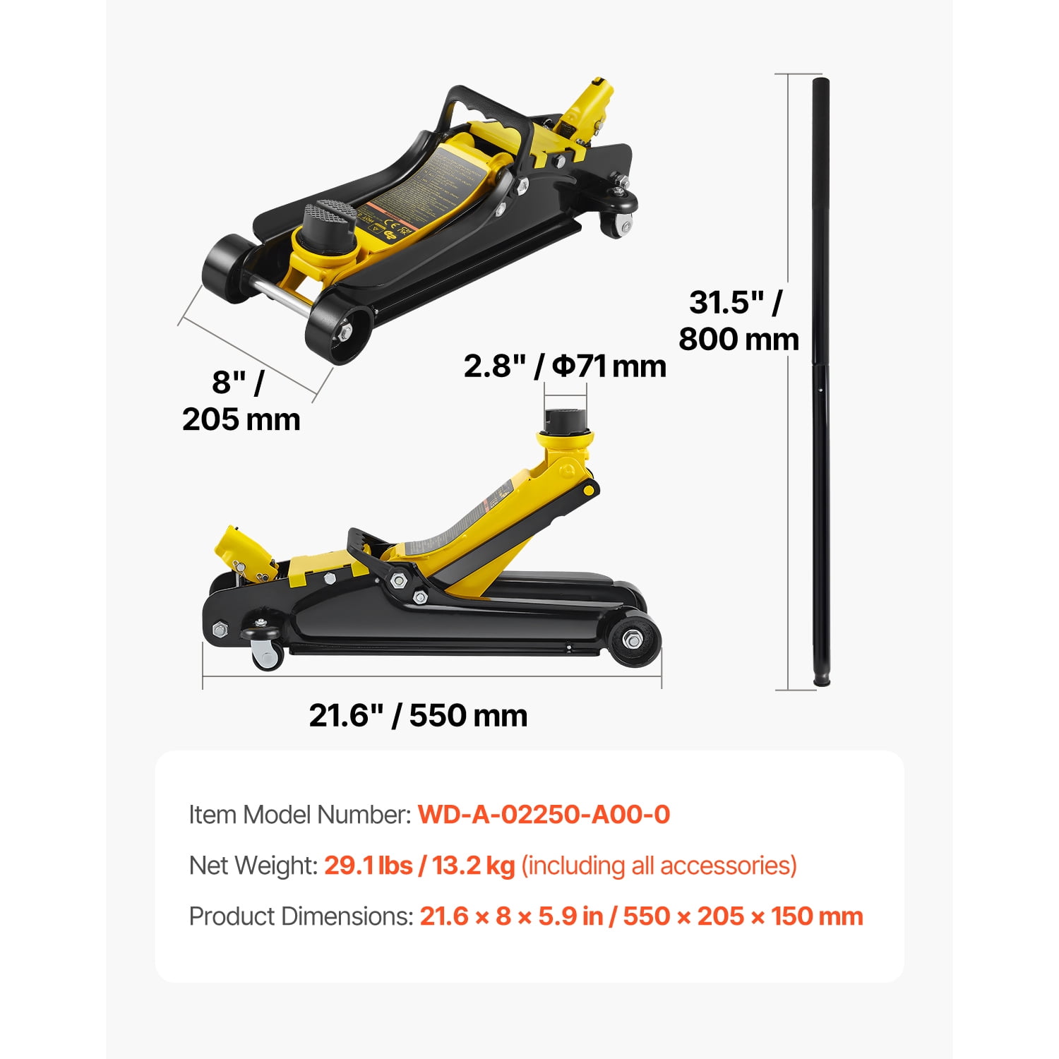 KFFKFF 2.5 Ton Low Profile Steel Floor Jack, Durable Racing Jack with Single Piston Lift Pump, Lifting Range 3.35"-14.96",Black+Yellew