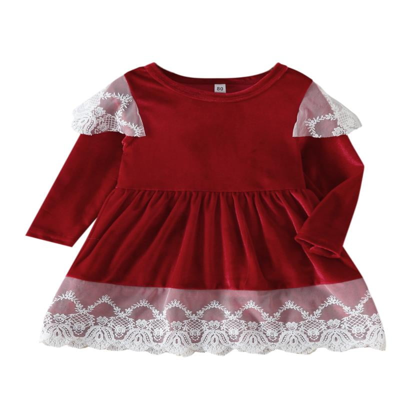 Kids Girls Christmas Velvet Dress, Long Sleeve Lace Patchwork Dress