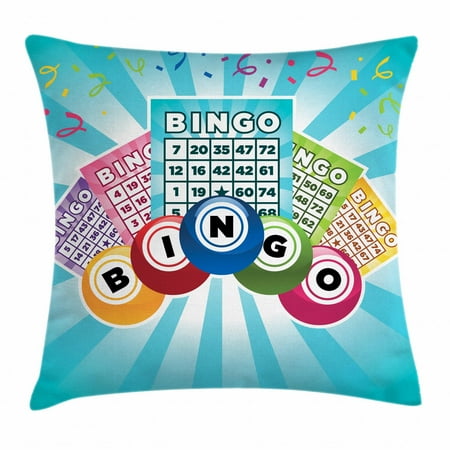 Bling Cushions Bingo Throw Pillow Cushion Cover, Colorful Illustration of Bingo Cards and Balls on Blue Sun Rays Retro Style, Decorative Square Accent Pillow Case, 16 X 16 Inches, Pale Blue Multicolor, by Ambesonne ()