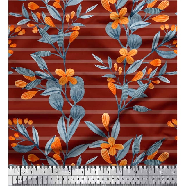Soimoi Red Poly Georgette Fabric Leaves & Floral Stripe Print Sewing Fabric Yard 52 Inch Wide