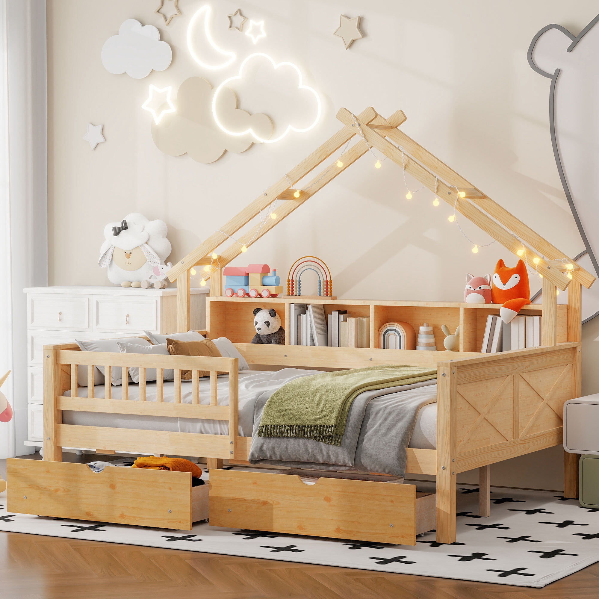 Euroco Wood Full Size Platform Bed with Drawers, House Bed with Storage and LED Light, Natural