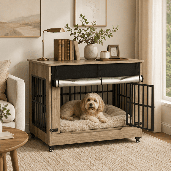 Aukfa 42.1-Inch Large Dog Crate Furniture, Indoor Dog Kennel Decorative Pet Cage End Table, Lift-Up Door, Curtain & Wheels,Greige