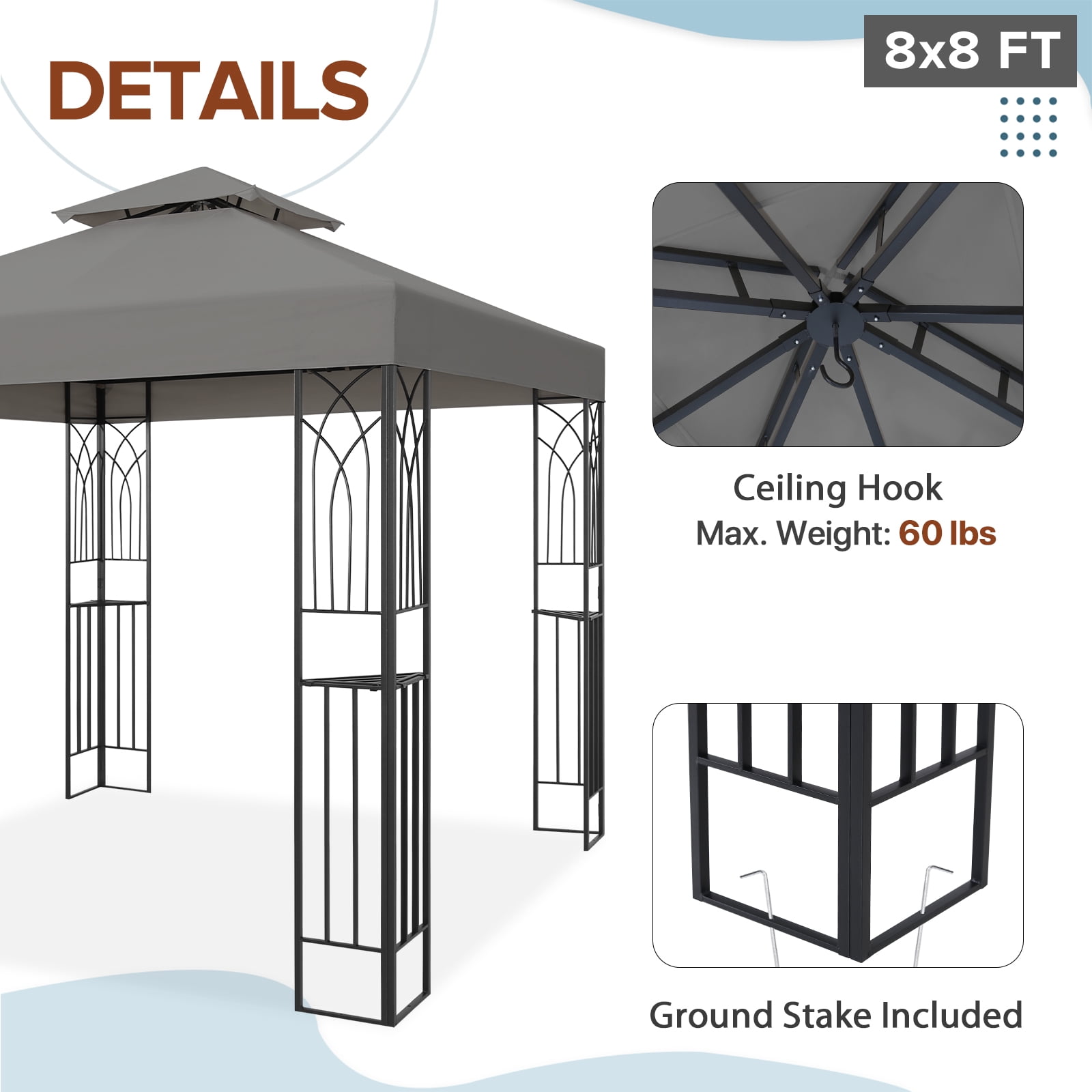 EAGLE PEAK 8 ft. x 8 ft. Outdoor Patio Gazebo with Double Roof,Gray