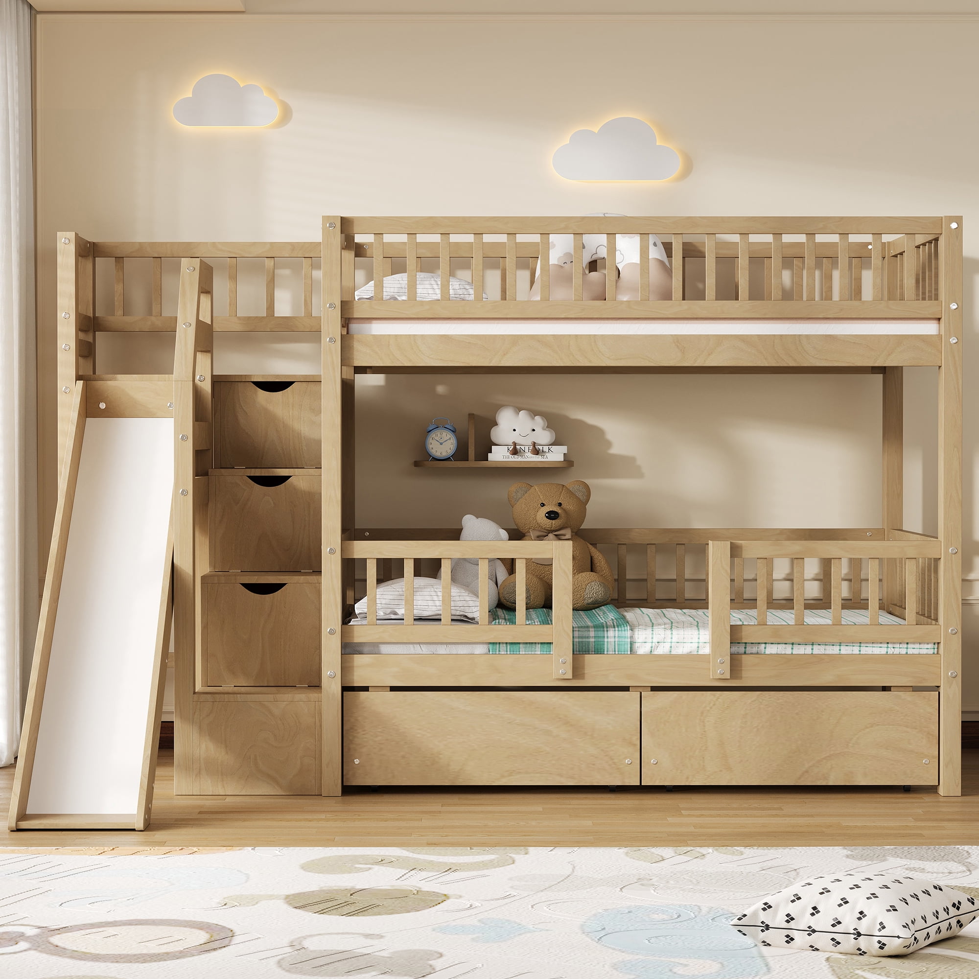 Euroco Twin over Twin Bunk Bed with Storage Staircase and Slide, Walnut