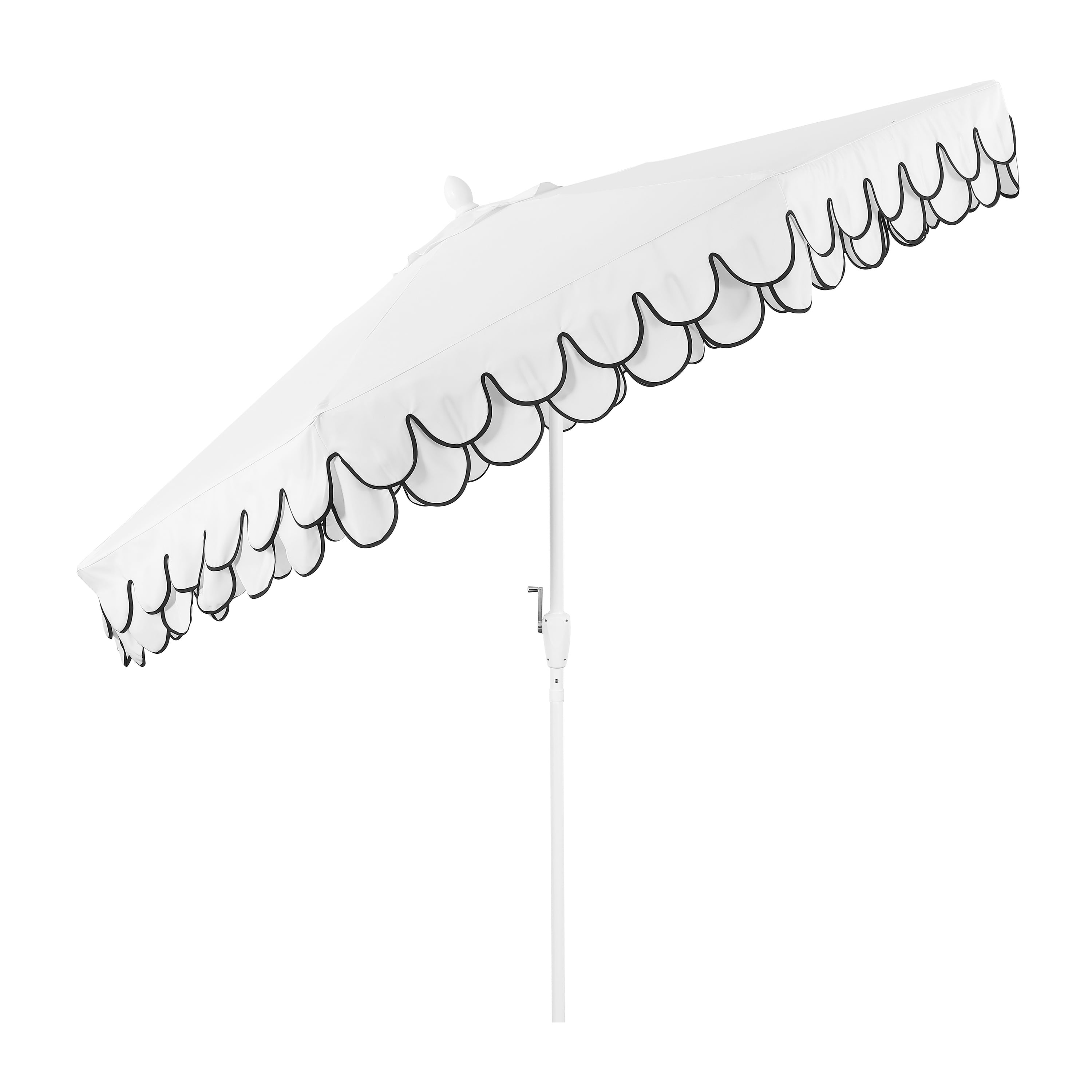 JONATHAN Y Tracy 9 ft. Market Patio Umbrella, Classic Mid-Century Scalloped Fringe, with Auto-Tilt Crank, Wind Vent and UV Protection, White/Black, White Pole