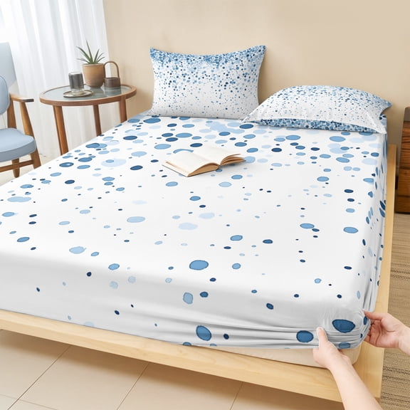 King Size Fitted Sheet Set - Blue Polka Dot 3 Piece Bedding Sets 16" Deep Pocket Fitted Sheet with 2 Pillowcases, Abstract Modern Art Dots Watercolor Brushed Microfiber Hotel Luxury Bed Sheets